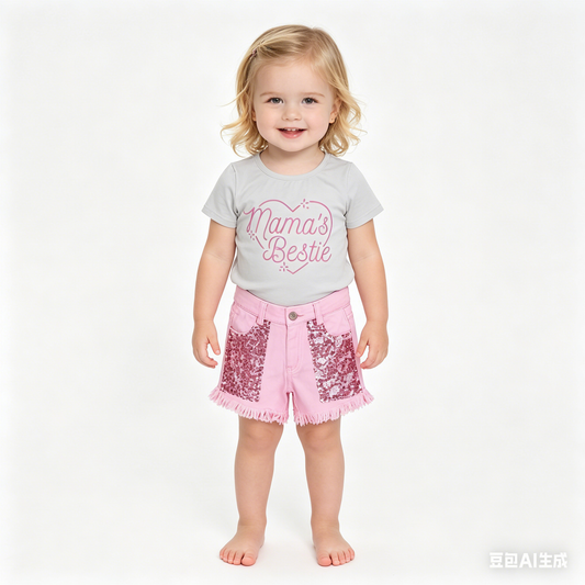Baby Girls Mama's Bestie Shirt Top Sequin Denim Shorts Clothes Sets
