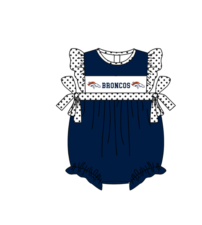 Preorder (moq 5)Baby Girls Polka Dots Flutter Sleeve Broncos Team Ruffle Rompers