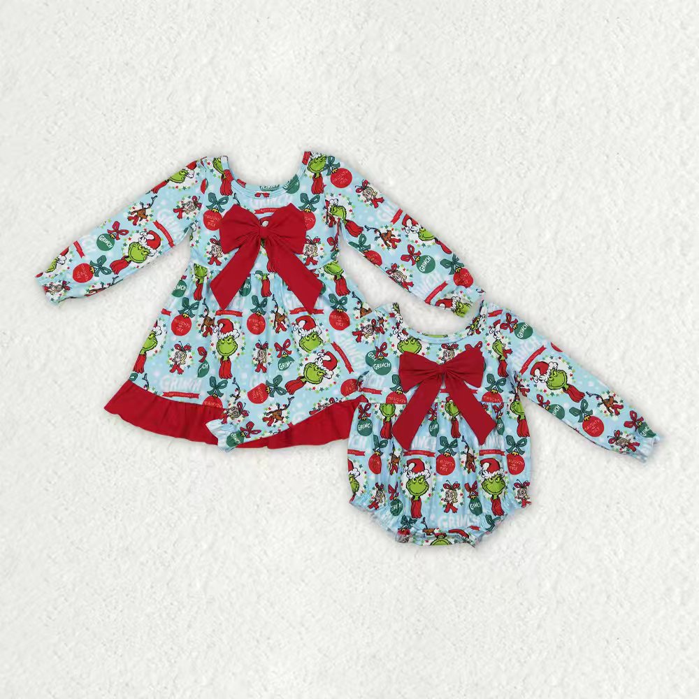 Sibling Baby Girls Green Faces Miss Lights Bows Ruffle Christmas Knee Length Dresses Rompers