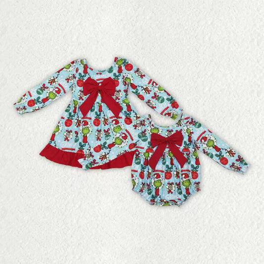 Sibling Baby Girls Green Faces Miss Lights Bows Ruffle Christmas Knee Length Dresses Rompers