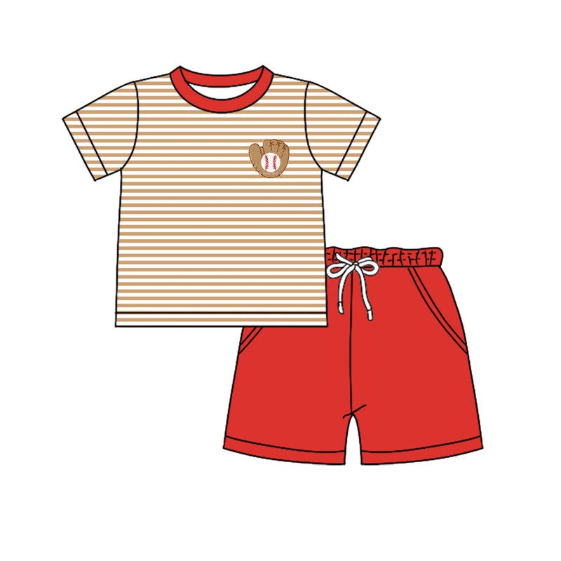 Preorder (moq 5)Baby Boys Short Sleeves Red Stripe Baseball Top Pockets Short Set