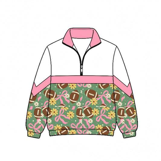 Preorder (moq 5)Baby Girls Bows Flowers Footballs Team Zip Pullovers Top