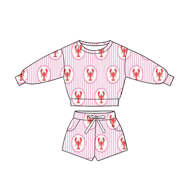 Preorder (moq 5) Baby Girl Clothes Pink Stripe Lobster Frame Print Long Sleeve Crop Top Shorts Outfit Set