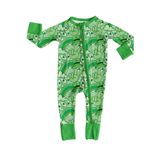 Preorder (moq 8)Baby Boys Green Hats Clovers Rainbows St Patrick Zipper Footie Rompers