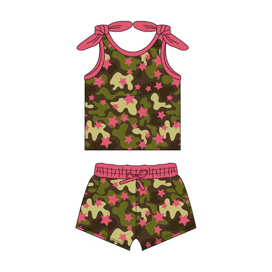 Preorder (moq 5)Baby Girls Camouflage Stars Bows Summer Shirt Top Shorts Clothes Sets