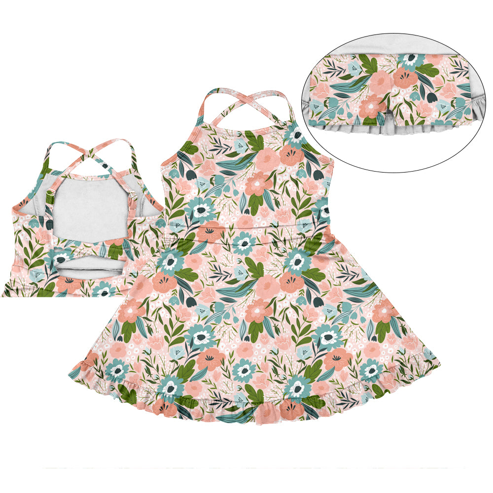 Preorder (moq 5)Baby Girls Peach Strap Flowers Yoga Active Skort Dress