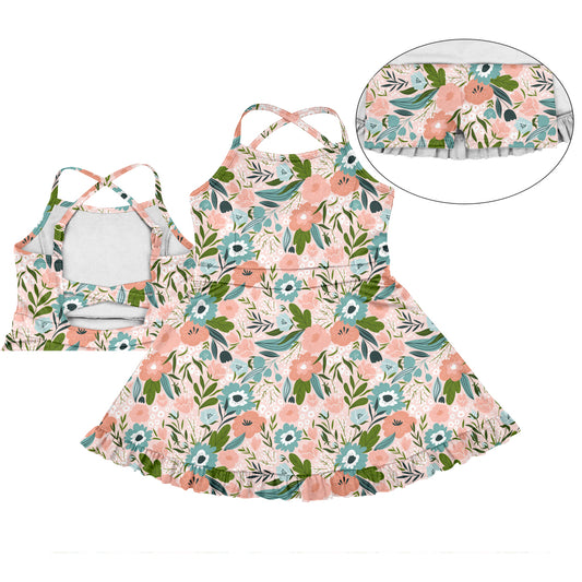 Preorder (moq 5)Baby Girls Peach Strap Flowers Yoga Active Skort Dress