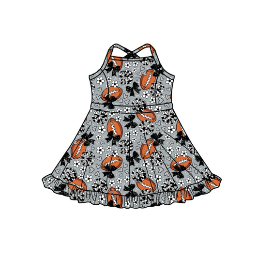Preorder (moq 5)Baby Girls Strap Grey Hearts Footballs Team Shorts Ruffle Knee Length Dress
