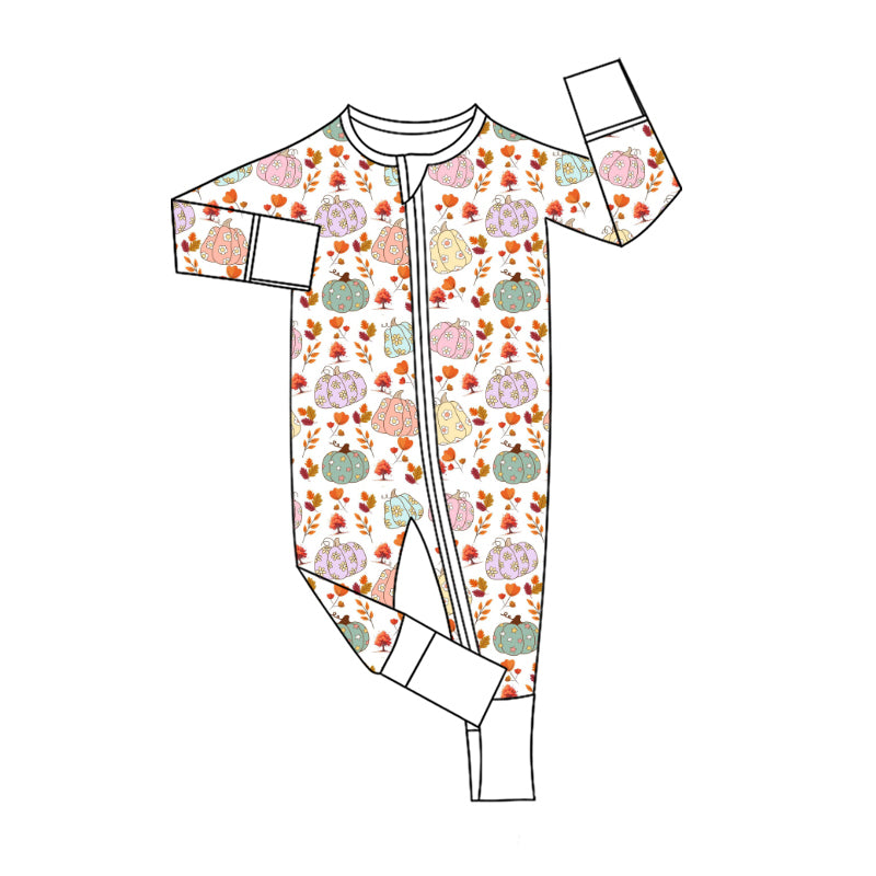 Preorder (moq 5)Baby Girls Colorful Flowers Pumpkins Fall Two Way Zip Convertible Rompers