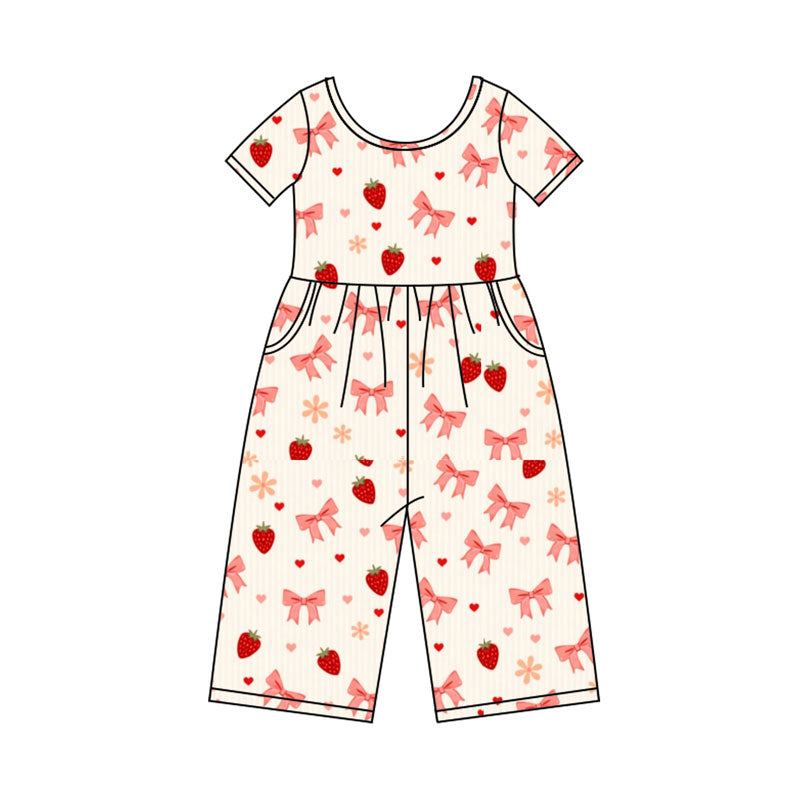 Preorder(moq 8)Baby Girls Red Bows Strawberry Hearts Pockets Valentine Jumpsuits