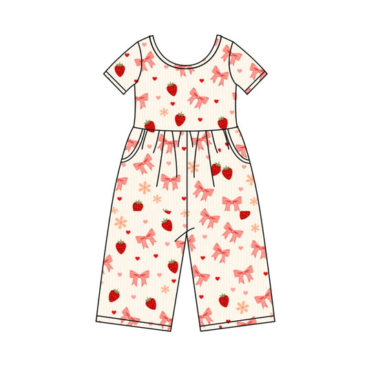 Preorder(moq 8)Baby Girls Red Bows Strawberry Hearts Pockets Valentine Jumpsuits