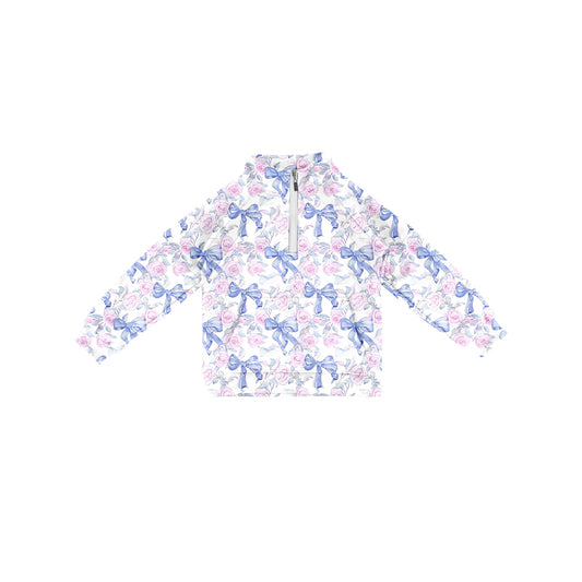 Preorder (moq 5)Baby Girls Long Sleeves Blue Bows Flowers Pocket Zipper Pullovers Top