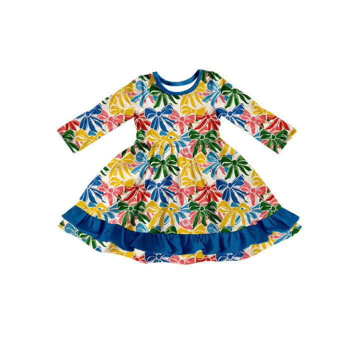 Preorder(moq 8)Baby Girls Colorful Bows Plaid Ruffle Knee Length Dresses