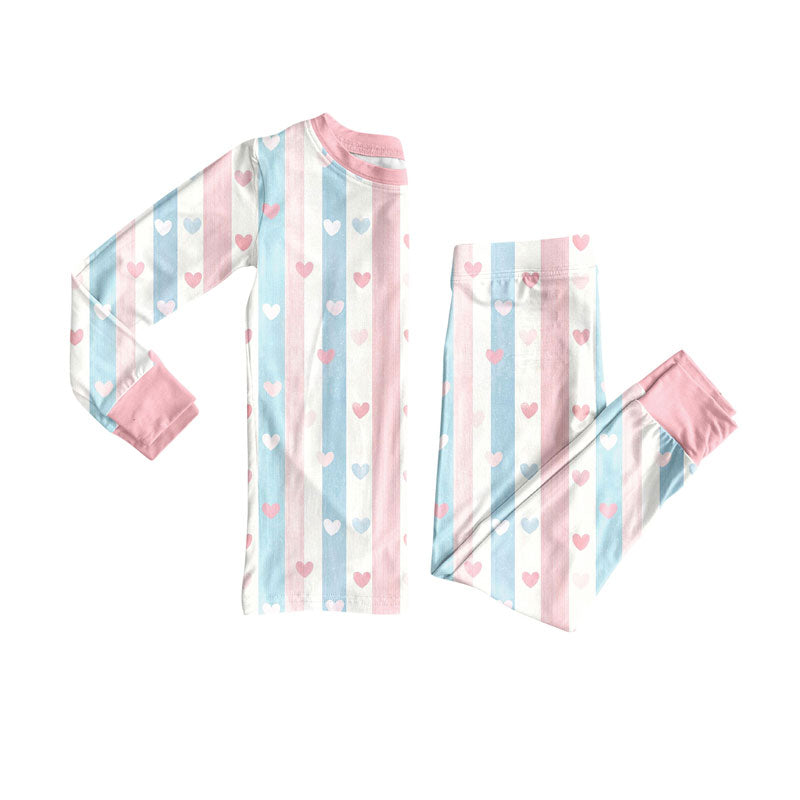 Preorder(moq 5) Baby Girls Pink Blue Stripes Hearts Top Pant Valentine Pajamas Sets