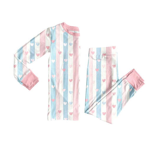 Preorder(moq 5) Baby Girls Pink Blue Stripes Hearts Top Pant Valentine Pajamas Sets