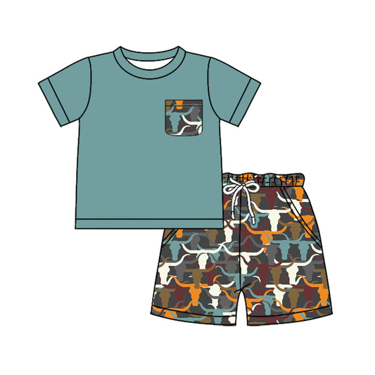 Preorder (moq 5)Baby Boys Green Pocket Top Cows Shorts Clothes Sets