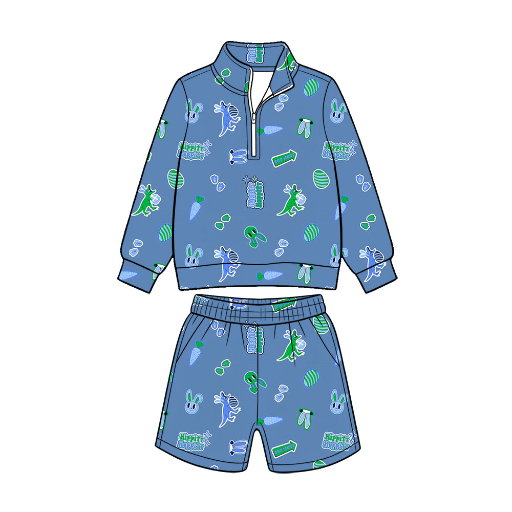 Preorder (moq 5) Baby Boy Clothes Easter Dino Bunny Egg Print Long Sleeve Quarter Zip Top Short Set