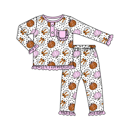 Preorder (moq 5)Baby Girls Bow Pumpkins Polka Dots Button Pocket Top Pants Fall Pajamas Set