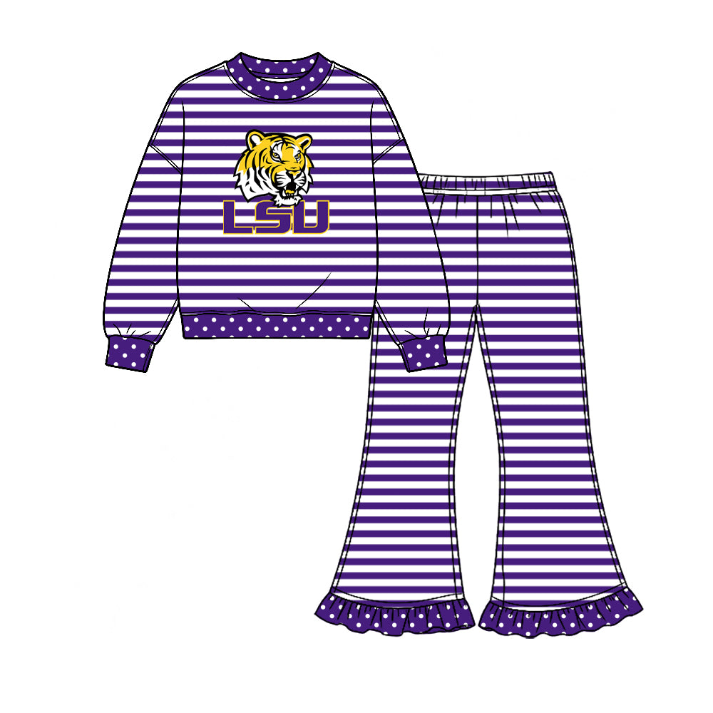 Preorder (moq 5) Baby Girl Clothes LSU Tigers Tiger Striped Print Long Sleeve Top Ruffle Flare Pant Outfit Set