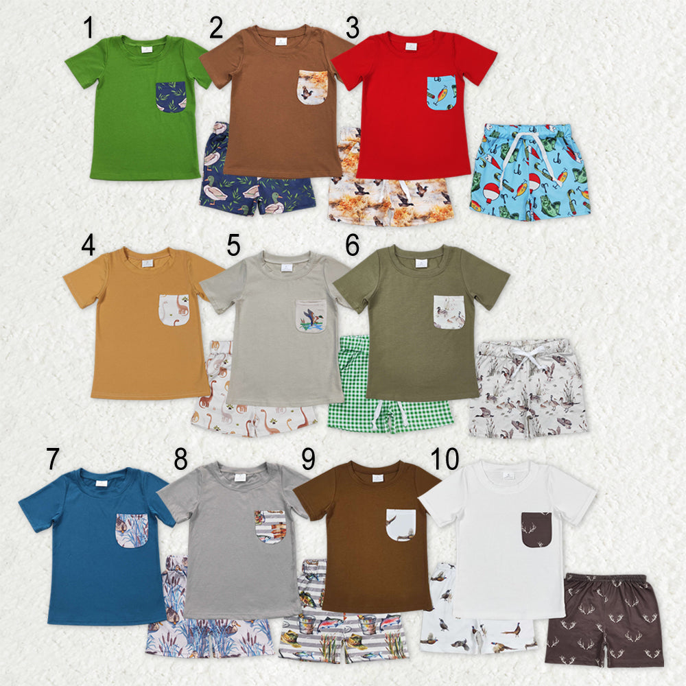 Sibling Baby Boys Short Sleeve Dogs Ducks Fishing Pocket Top Shorts Hunting Clothes Sets