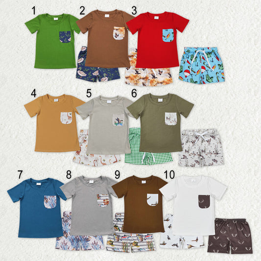 Sibling Baby Boys Short Sleeve Dogs Ducks Fishing Pocket Top Shorts Hunting Clothes Sets