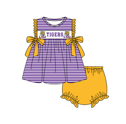 Preorder (moq 5)Baby Girls Sleeveless LSU Tigers Stripe Tunic Bummies Team Clothes Sets