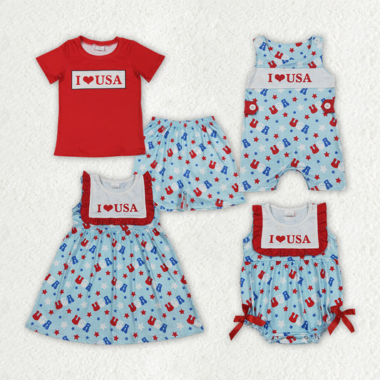 Sibling Baby Kids I Love USA Shirt Shorts 4th of July Clothes Set Knee Length Dress Rompers