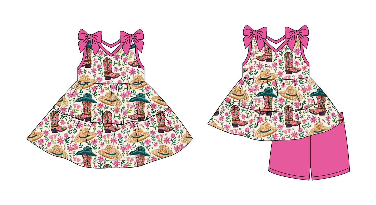 Preorder moq 5 Custom Baby Girls Sleeveless Floral Boots Tunic Short Set Knee Length Dresses