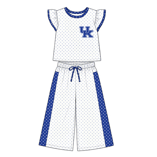 Preorder (moq 5)Baby Girls Flutter Sleeve UK Polka Dots Top Flare Pant Team Clothes Set