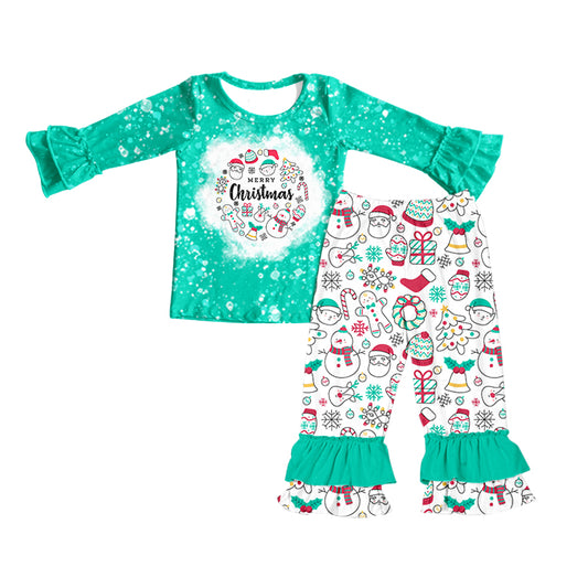 Baby Girls Blue Christmas Santa Shirts Ruffle Pants Clothes Sets Preorder(moq 5)