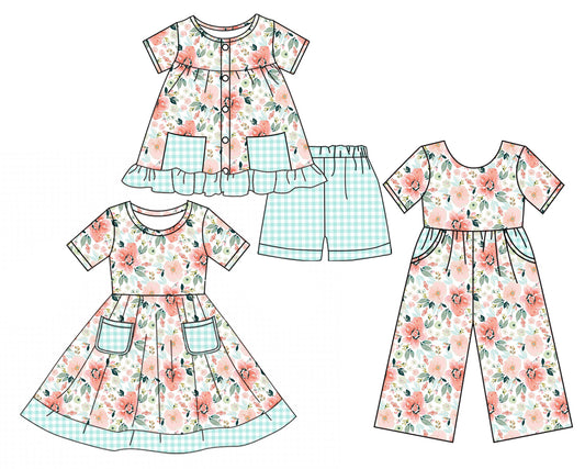 Preorder moq 5 Custom Baby Girls Short Sleeves Button Floral Blue Plaid Pockets Tunic Short Set Knee Length Dress Jumpsuits