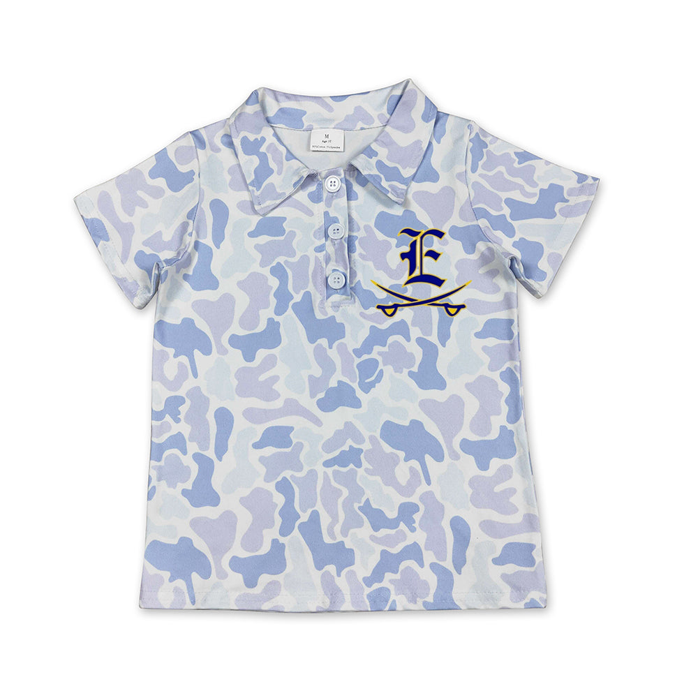 Preorder (moq 5)Baby Boys Light Blue Camo Evadale Rebels Team Button Polo Shirt Top