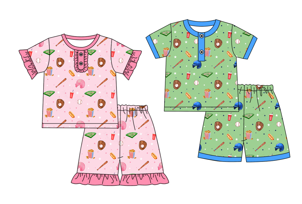 Preorder moq 5 Custom Baby Kids Short Sleeves Baseballs Hats Button Top Short Pajamas Set