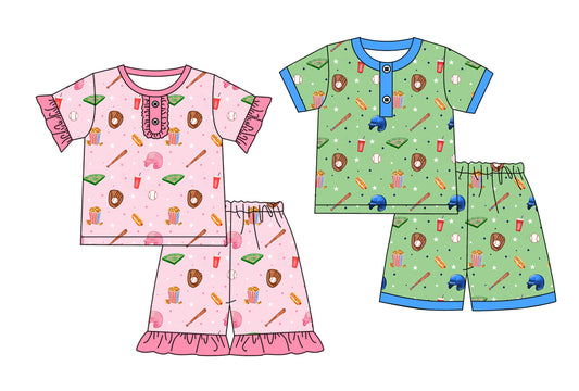 Preorder moq 5 Custom Baby Kids Short Sleeves Baseballs Hats Button Top Short Pajamas Set