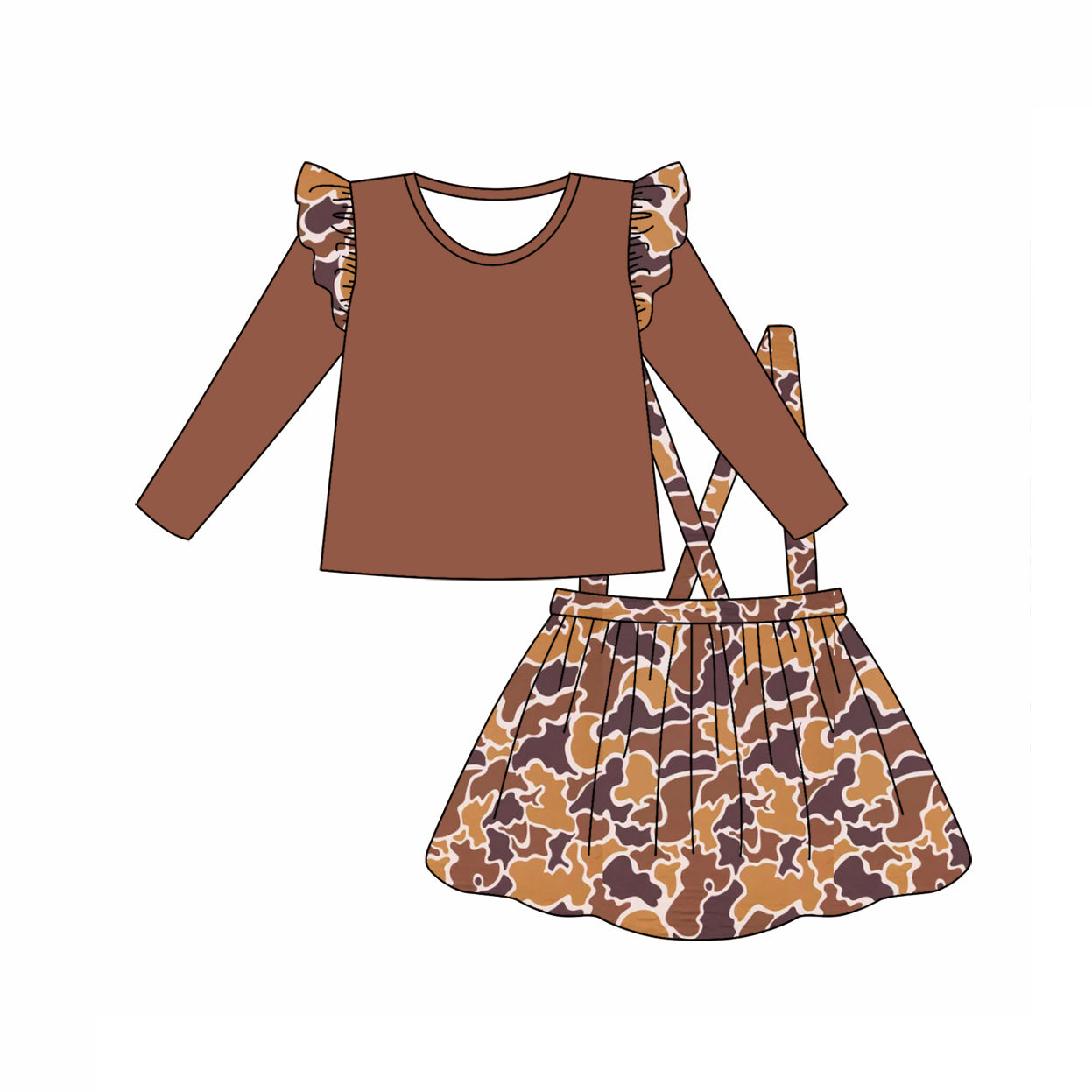 Baby Girls Coffee Top Bottomland Camo Suspender Skirt Clothes Sets preorder(MOQ 5)