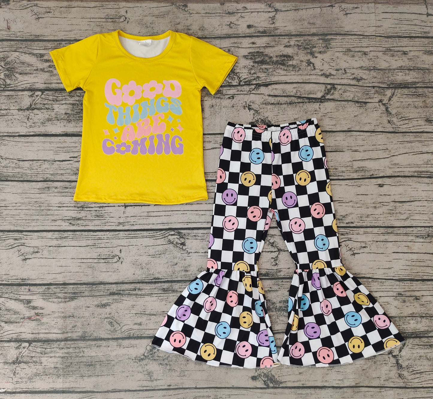 Baby Girls Thing Shirt Checkered Print Bell Pants Clothes Sets