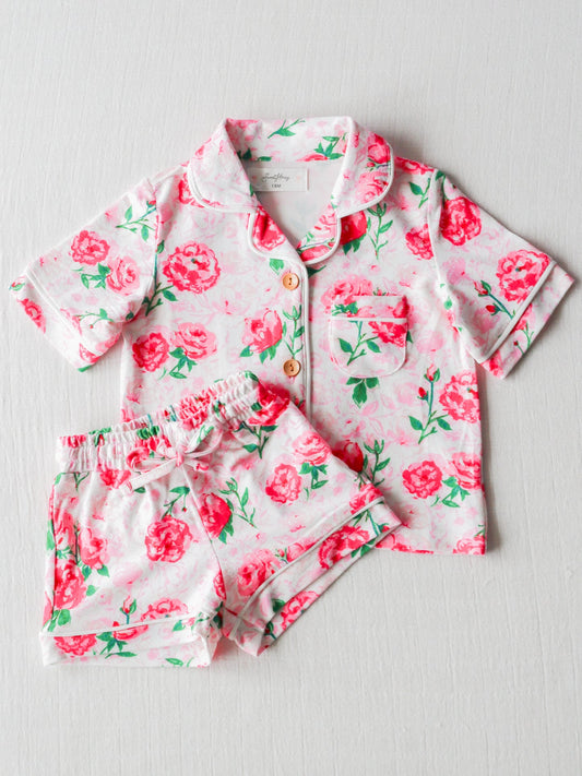 Baby Girls Pink Rose Flowers Buttons Top Shirt Shorts Pajamas Clothes Sets preorder (moq 5)