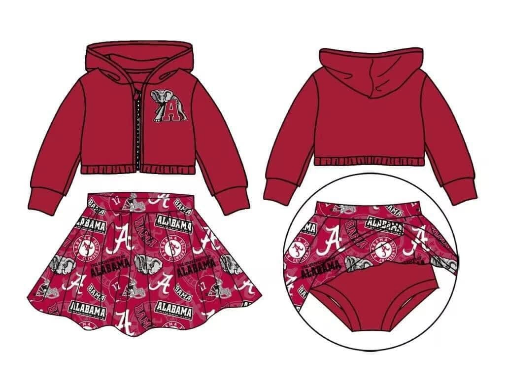 Preorder moq 5 Baby Girls Hooded Alabama Team Top Bummie Skirts Sets