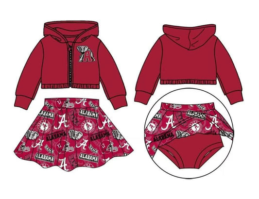 Preorder moq 5 Baby Girls Hooded Alabama Team Top Bummie Skirts Sets