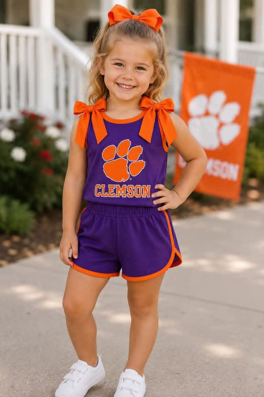 Preorder (moq 5) Baby Girls Clemson Sleeveless Top Short Team Clothes Sets