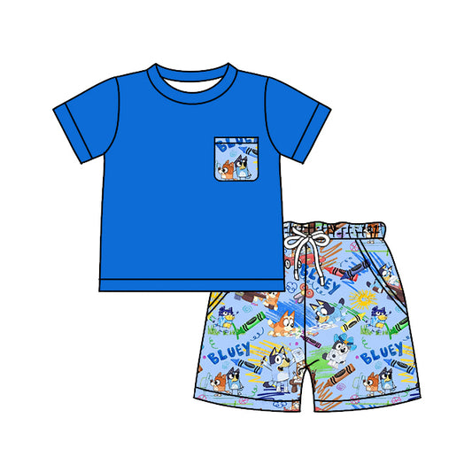 Baby Boys Blue Pocket Shirt Dog Back To School Shorts Clothes Sets preorder(moq 5)