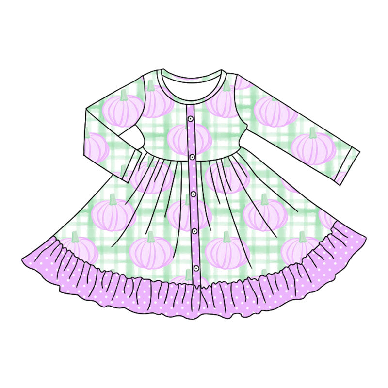 Preorder moq 5 Baby Girls Long Sleeves Aqua Plaid Pumpkins Button Ruffle Knee Length Dresses