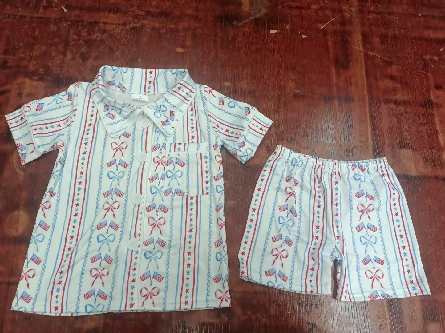 Preorder moq 5 Baby Girls Blue Red Bows Flags Button Pocket Top Short 4th Of July Pajamas Set
