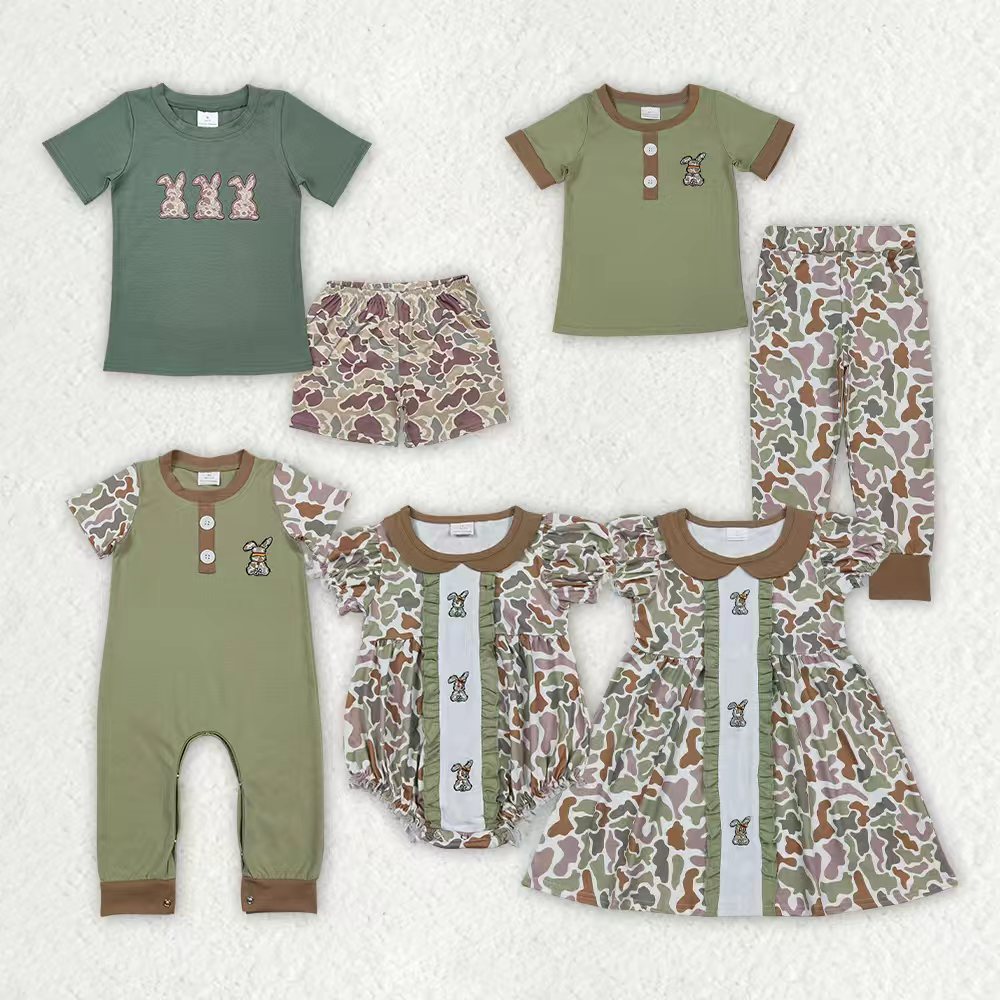 Sibling Baby Boys Girls Embroidery Camo Rabbits Shorts Pants Easter Clothes Sets Rompers
