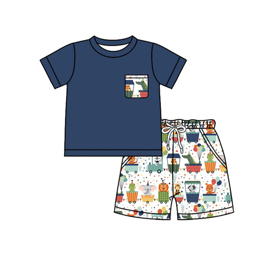 Preorder (moq 5)Baby Boys Navy Pocket Animals Shirt Top Shorts Clothes Sets