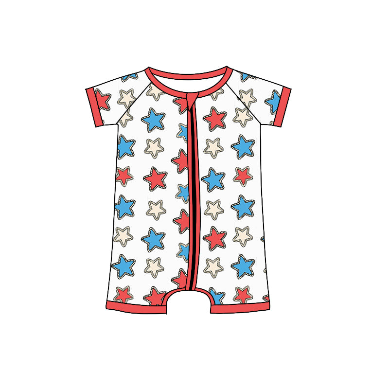 Baby Infant Kids Short Sleeve Red Stars Zip Summer Rompers preorder(moq 5)