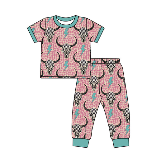 Preorder (moq 5)Baby Girls Pink Leopard Cow Skull Top Pants Pajamas Clothes Sets