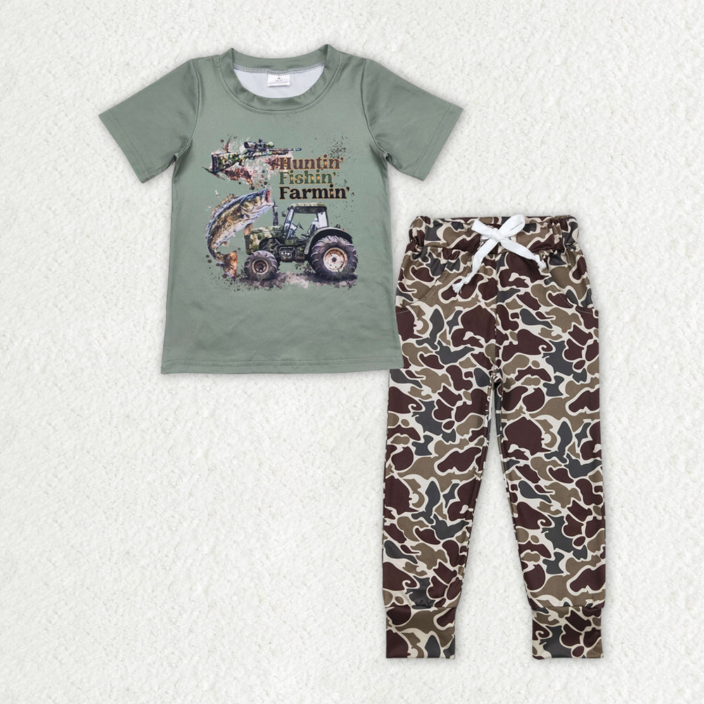 Baby Boys Hunting Fishing Farming Short Sleeve Tee Shirt Camo Pants Outfits Clothes Sets