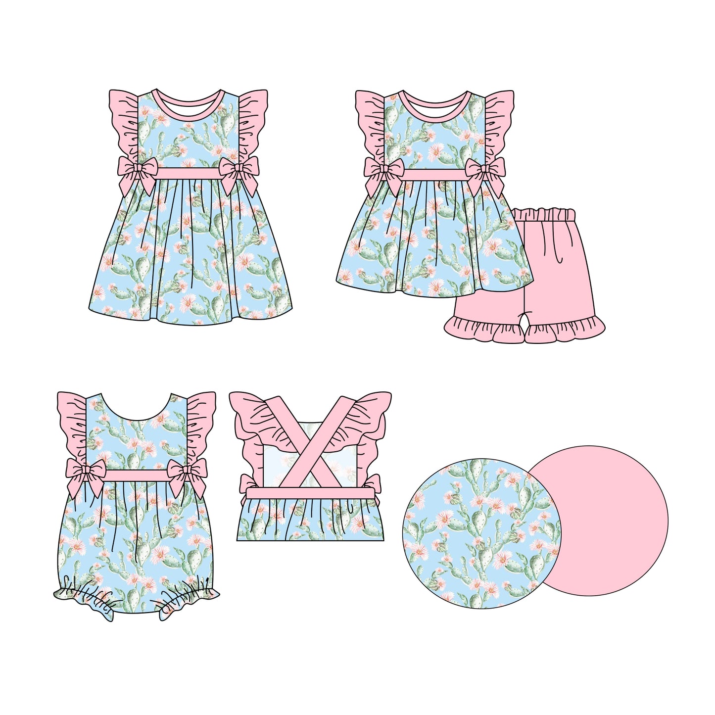 Preorder moq 5 Custom Baby Girls Cactus Floral Tunic Pink Ruffle Short Sets Knee Length Dress Rompers