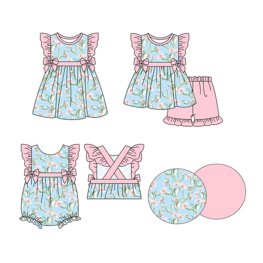 Preorder moq 5 Custom Baby Girls Cactus Floral Tunic Pink Ruffle Short Sets Knee Length Dress Rompers